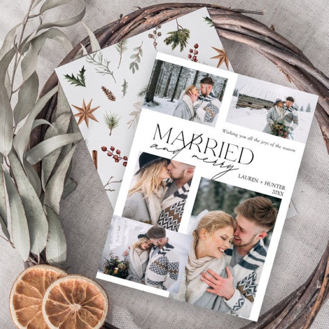 Tarjeta Festiva Madera moderna y casada 5 foto recién casada (Easily personalize this newlywed photo holiday card with five of your favorite image and deets)