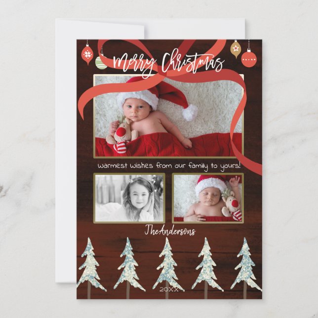 Tarjeta Festiva Madera y pinos navideños 4 festividades fotográfic (Anverso)