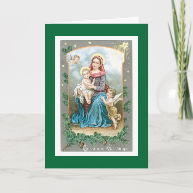 Tarjeta Festiva Madonna con Cristo Niño y Ángeles (Anverso)