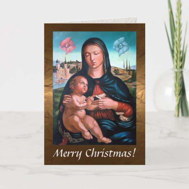 Tarjeta Festiva Madonna con niño, libro y cherubs (Anverso)
