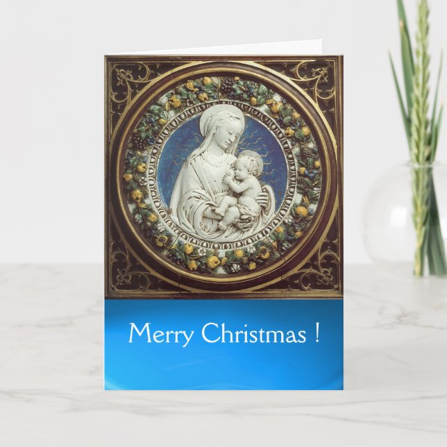 Tarjeta Festiva MADONNA CON NIÑO , Zafiro azul redondo (Anverso)