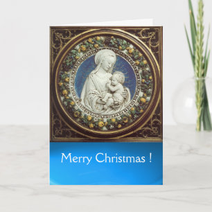 Tarjeta Festiva MADONNA CON NIÑO , Zafiro azul redondo