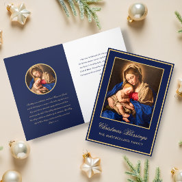Tarjeta Festiva Madonna religiosa de oro azul y Navidades infantil