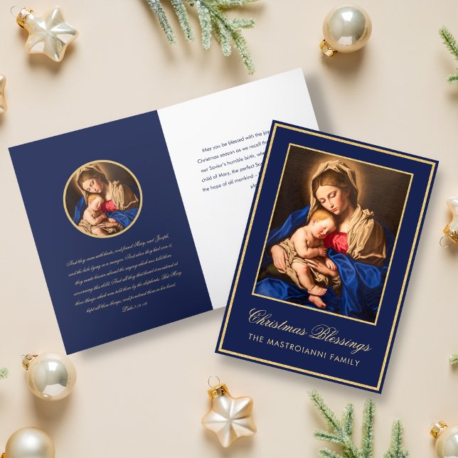 Tarjeta Festiva Madonna religiosa de oro azul y Navidades infantil (Religious Christmas card for Catholics with Madonna and Child in midnight blue and gold)