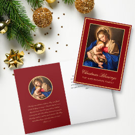 Tarjeta Festiva Madonna religiosa de oro rojo y Navidades infantil