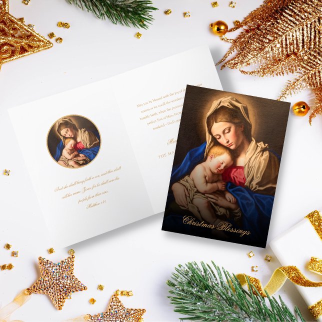 Tarjeta Festiva Madonna religiosa y Navidades de la Biblia infanti (Religious Christmas card for Catholics and Christians in gold and white)