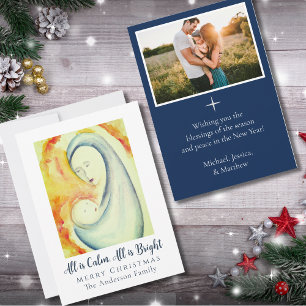 Tarjeta Festiva Madonna y Niño Foto Familiar Acuarela Religiosa