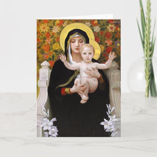 Tarjeta Festiva Madonna y niño + lirios blancos (Anverso)