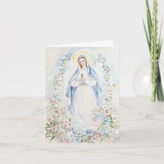 Tarjeta Festiva Madre acuarela María Floral católica religiosa (Anverso)
