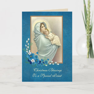 Tarjeta Festiva Madre Bendita Religiosa Niño Jesús Floral Fiesta