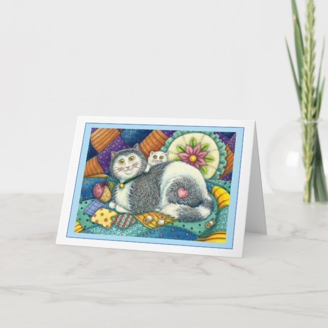 TARJETA FESTIVA MADRE CAT & KITTEN, COLCHONETAS, PINCUSIÓN (Anverso)