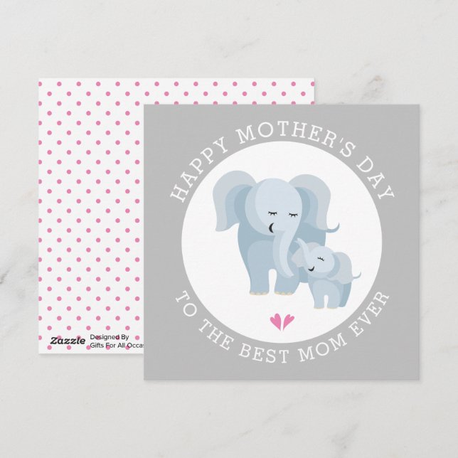Tarjeta Festiva Madre de elefante y Día de la Madre gris bebé (Anverso / Reverso)