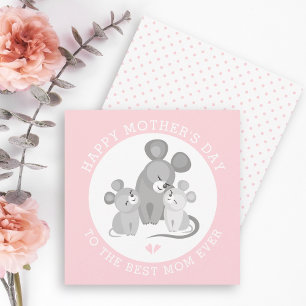 Tarjeta Festiva Madre de ratón y bebés Día de la Madre rosa
