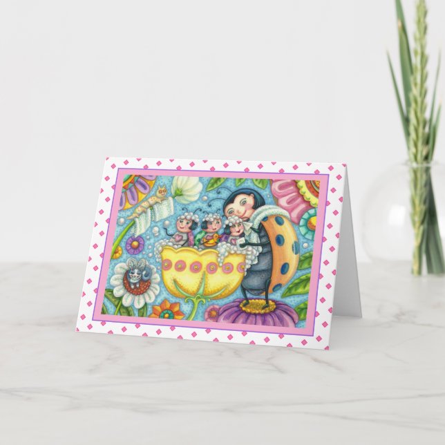 TARJETA FESTIVA MADRE LADYBUG Y NIÑOS, BAÑO DE BURBUJAS TULIP (Anverso)