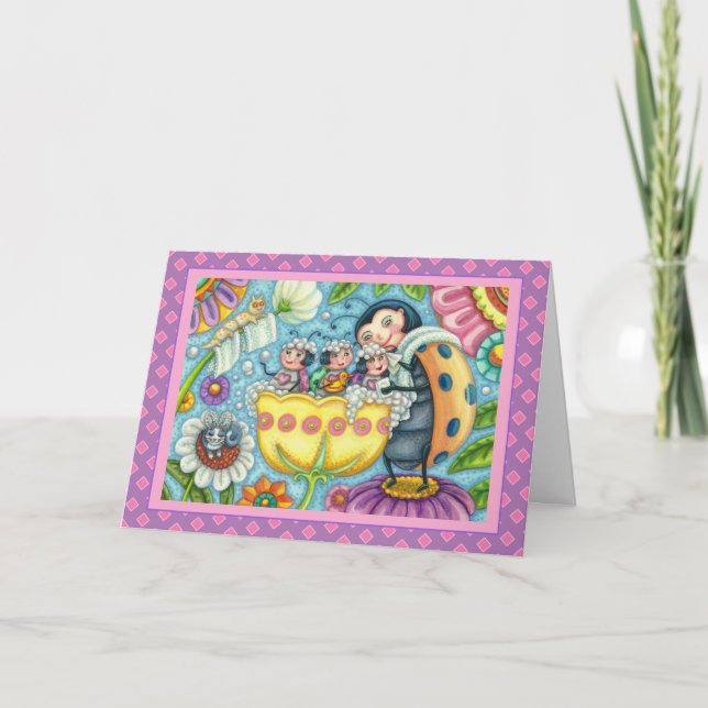 TARJETA FESTIVA MADRE LADYBUG Y NIÑOS, BAÑO DE BURBUJAS TULIP (Anverso)