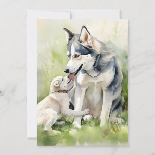 Tarjeta Festiva Madre madre siberiana Husky perro pintando fondo