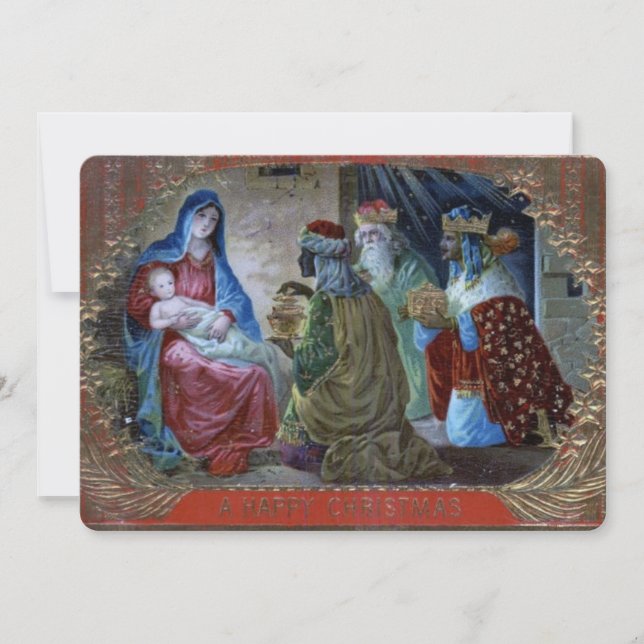 Tarjeta Festiva Madre María, niño Jesús y los tres sabios (Anverso)