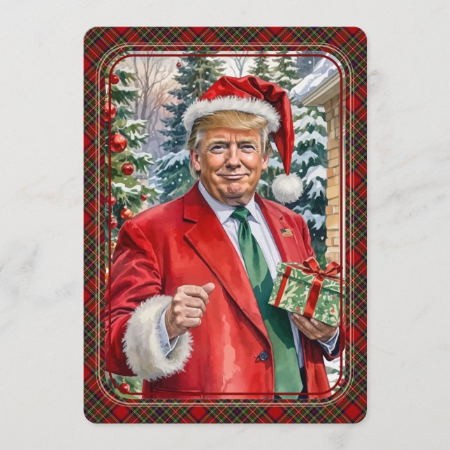 Tarjeta Festiva MAGA Santa Trump Maganificantes Navidades Tartán (Anverso)