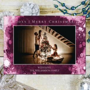 Tarjeta Festiva Magenta Frost Snowflakes Christmas Photo Card