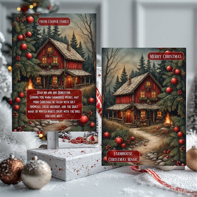 Tarjeta Festiva Magia de Cabaña Navideña Rústica Granja Arpillera  (Elegant Rustic Farmhouse Magic Christmas Cottage Burlap Holiday Card)