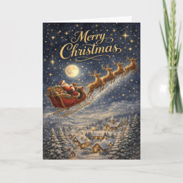 Tarjeta Festiva Magical Gold Santa Night Sky Merry Christmas