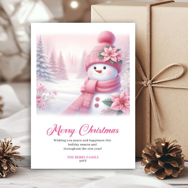 Tarjeta Festiva Magical Pink Snowman Printable Christmas Scene  (Magical Pink Snowman Printable Christmas Scene Greeting Card

)