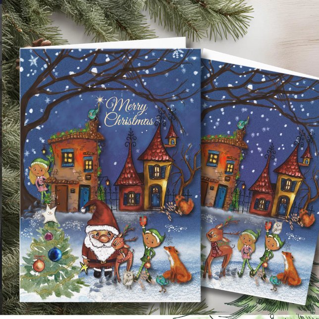 Tarjeta Festiva Magical Santa Christmas Village I Forest Friends (Magical Santa Christmas Village I Forest Friends Holiday Card)