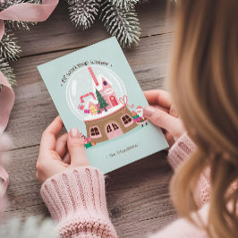 Tarjeta Festiva Magical Snow Globe Santa's Elves Pink Workshop