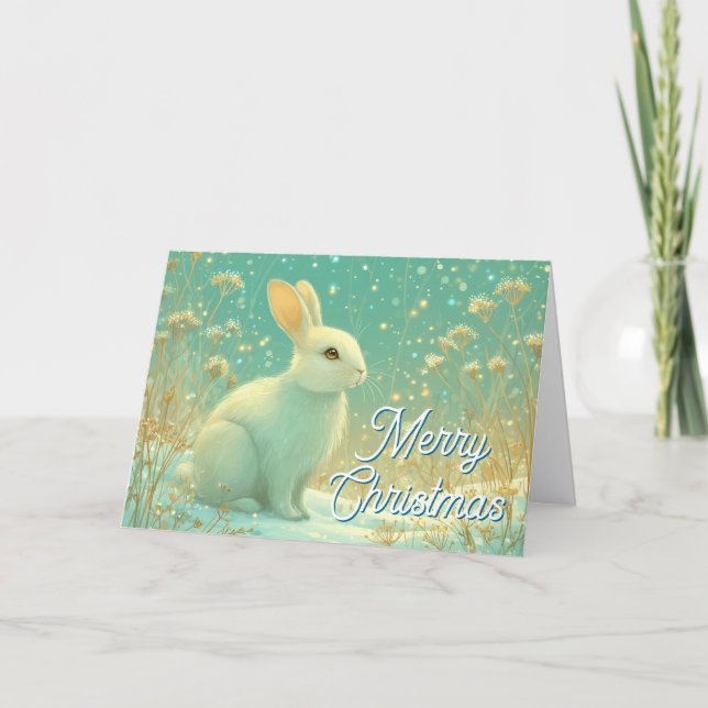 Tarjeta Festiva Magical Winter White Rabbit Merry Christmas (Anverso)