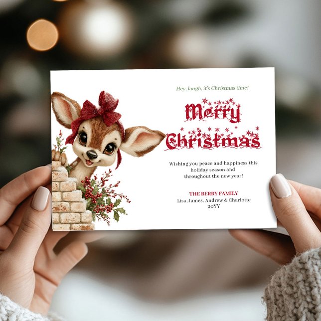 Tarjeta Festiva Magical Xmas peeking baby fawn snowy greeting card (Magical Xmas peeking baby fawn snowy greeting card)