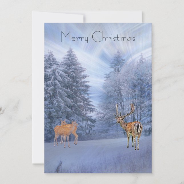Tarjeta Festiva Mágico bosque de invierno con ciervos, navidades p (Anverso)