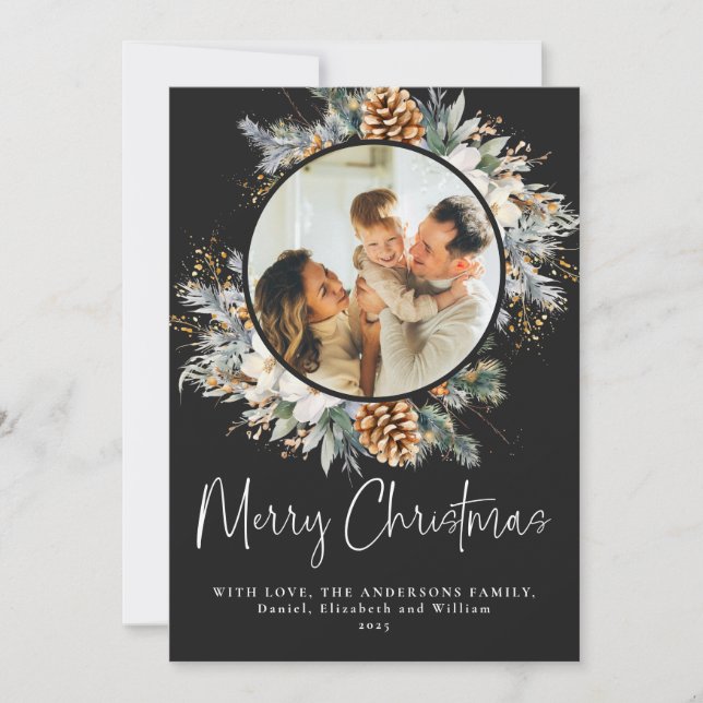 Tarjeta Festiva Magnífica tipografía botánica | Navidades negros (Anverso)