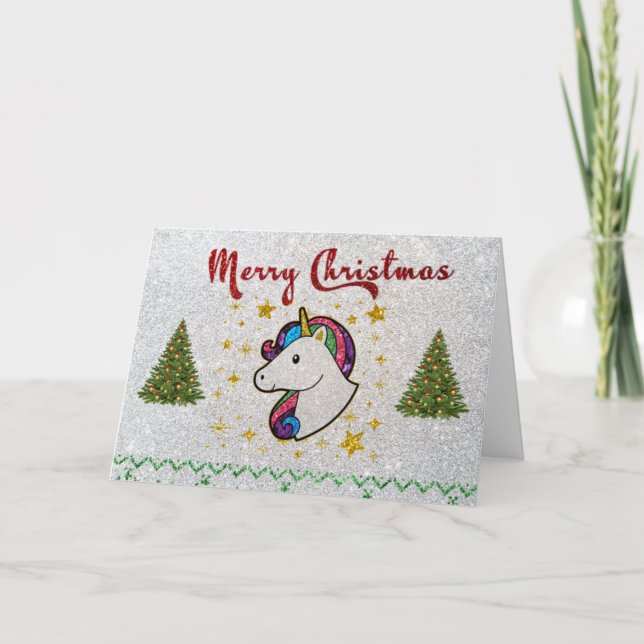 Tarjeta Festiva Magnífica unicornio Feliz Purpurina navideño (Anverso)