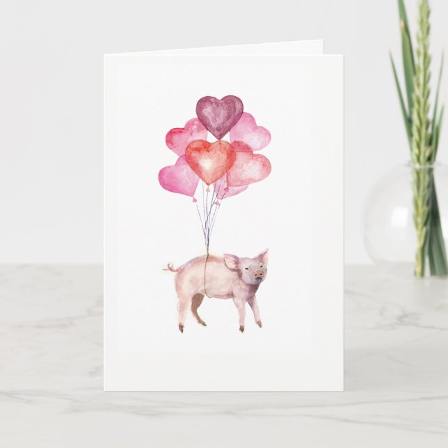 Tarjeta Festiva Magnífico cerdo acuarela con globos cardíacos (Anverso)