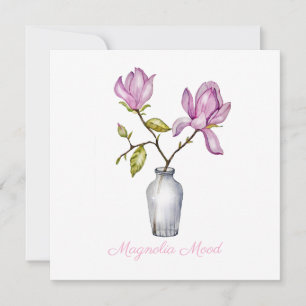 Tarjeta Festiva Magnolia Rosa Acuarela Botánica