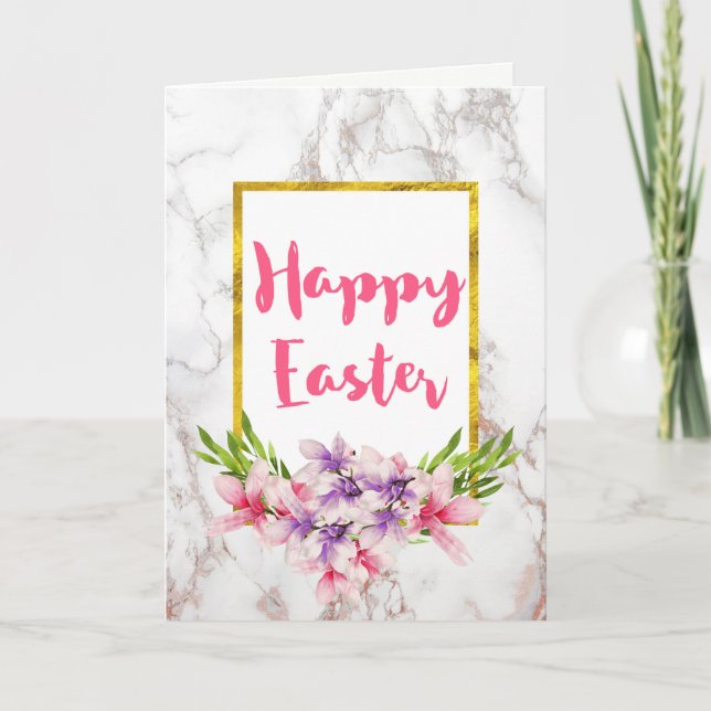 Tarjeta Festiva Magnolias acuarelas, Pascua de Mármol Blanco (Anverso)