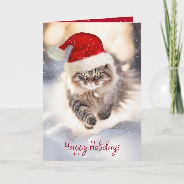 Tarjeta Festiva Maine Coon Cat Con Santa Hat (Anverso)