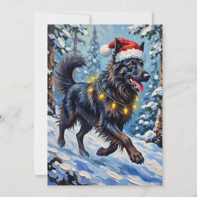 Tarjeta Festiva Majestic Belgian Shepherd Snow Forest Christmas (Anverso)