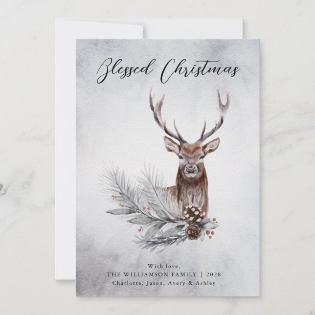 Tarjeta Festiva Majestic Deer Winter Woodland Navidades Card (Anverso)