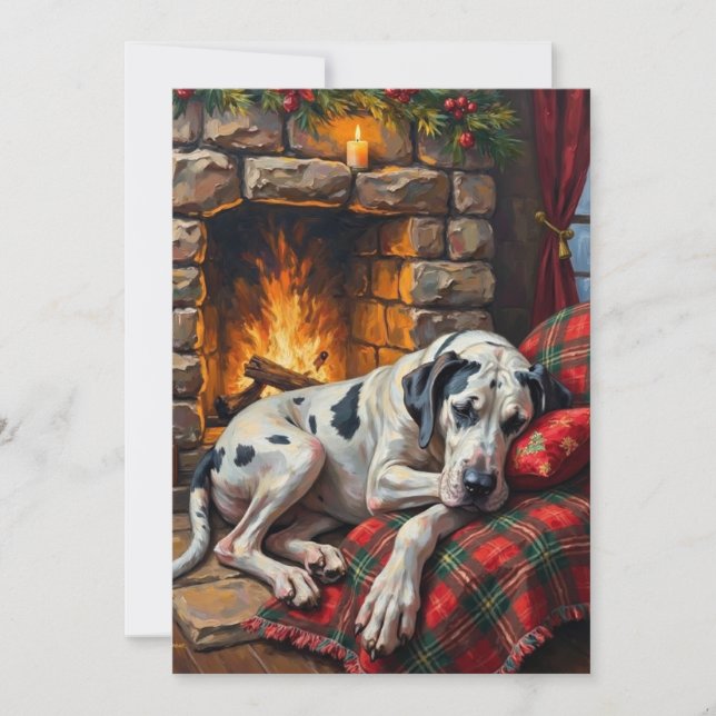 Tarjeta Festiva Majestic Great Dane Asleep by Fireplace Cozy (Anverso)