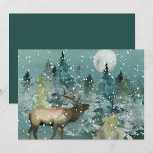 Tarjeta Festiva Majestuoso alce en bosque bajo nieve de luna llena