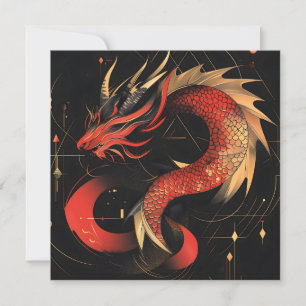Tarjeta Festiva Majestuoso Arte Dragón Chino Rojo y Oro