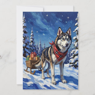 Tarjeta Festiva Majestuoso Husky Siberiano Tirando Trineo de Navid