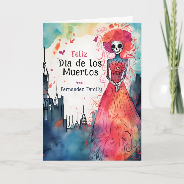 Tarjeta Festiva Majestuosos Recuerdos acuarelas: Dia de Muertos (Anverso)