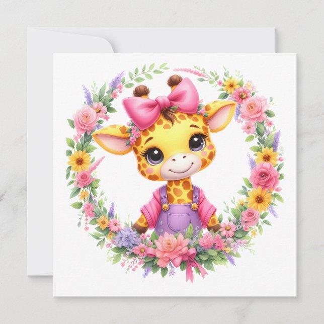 Tarjeta Festiva MAKOM- Giraffe Clipart, Flores de primavera (Anverso)
