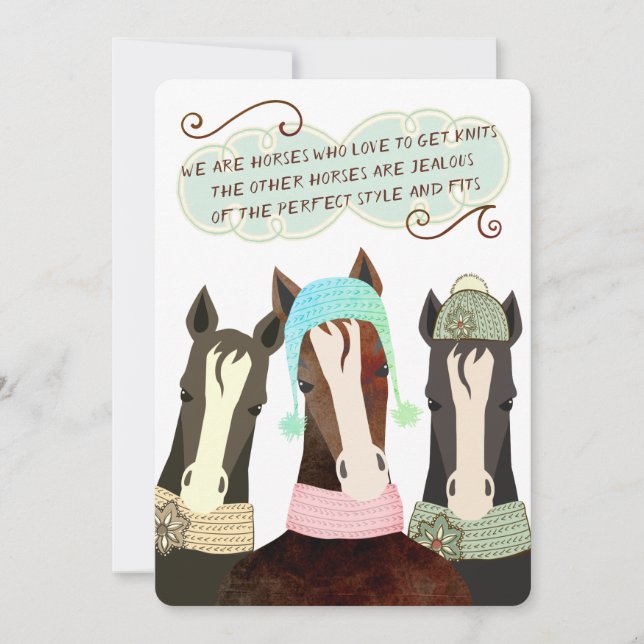Tarjeta Festiva Mala poesía caballos Navidades tejiendo a mano (Anverso)