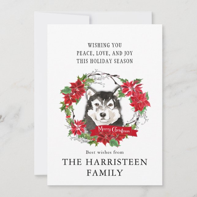 Tarjeta Festiva Malamute Watercolor Alaskan Poinsettia Navidades (Anverso)