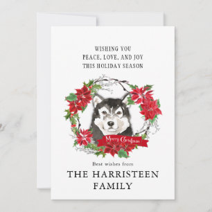 Tarjeta Festiva Malamute Watercolor Alaskan Poinsettia Navidades