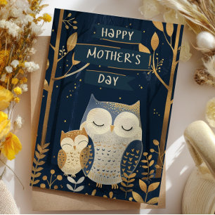 Tarjeta Festiva Mamá Búho con su Búho Pequeño Bosque Día de la Mad