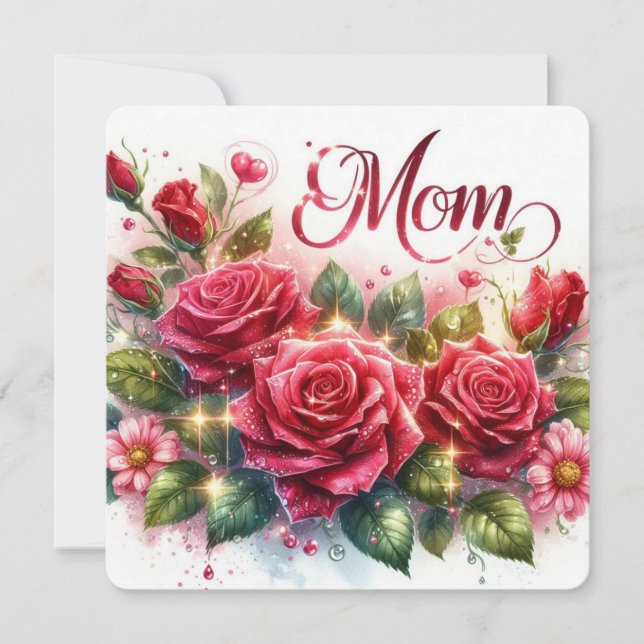 Tarjeta Festiva Mamá esparqueando rosas rojas (Anverso)